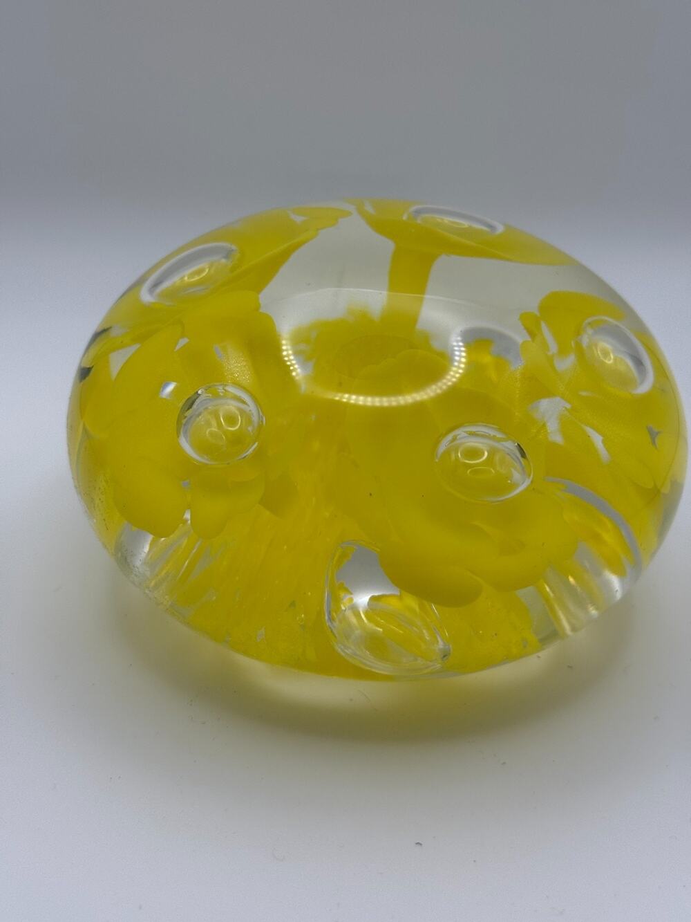 Joe Rice Glass Paperweight Controlled Bubble Yellow Trumpet Flower 4" Vintage